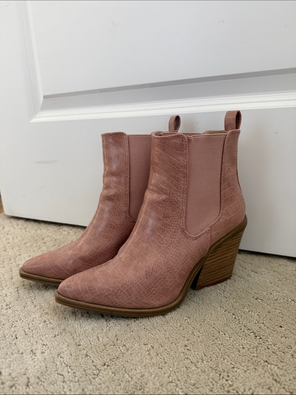 Croc-Embossed Pink Chelsea Ankle Boots with Stacked Heel